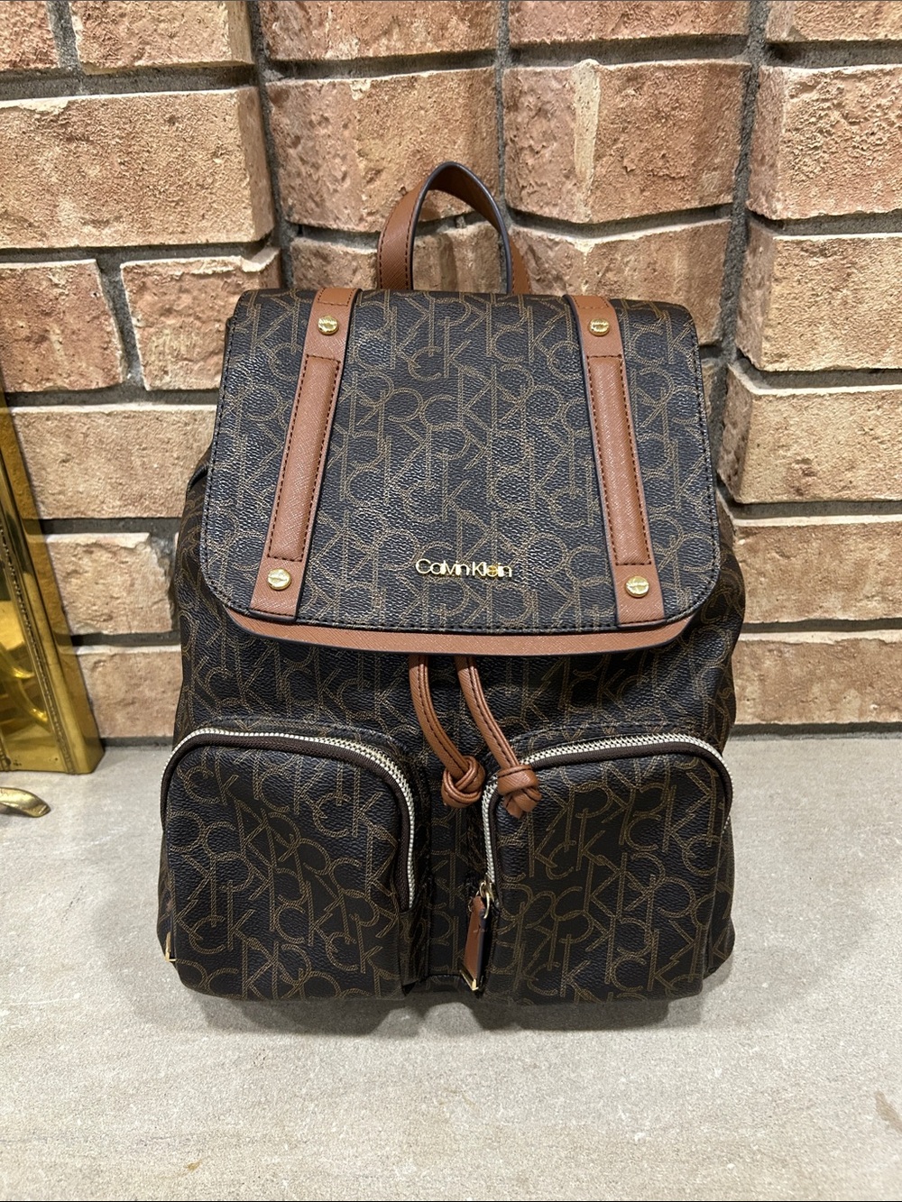Calvin Klein Logo Brown Backpack Adjustable Straps Dual Pockets Gold Hardware
